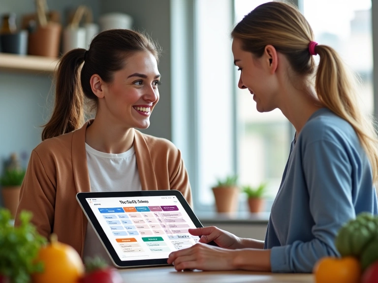 Nutrizionista che spiega un piano alimentare a un cliente sorridente