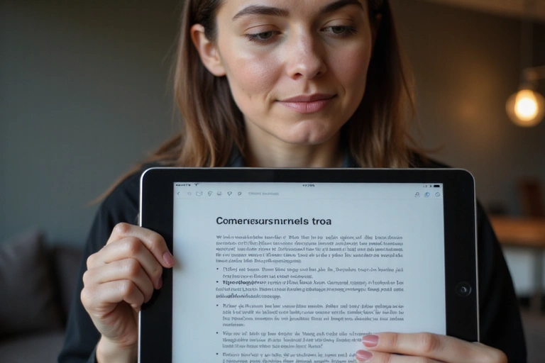 Una donna che legge attentamente i termini e condizioni su un tablet, mostrando concentrazione e serietà.